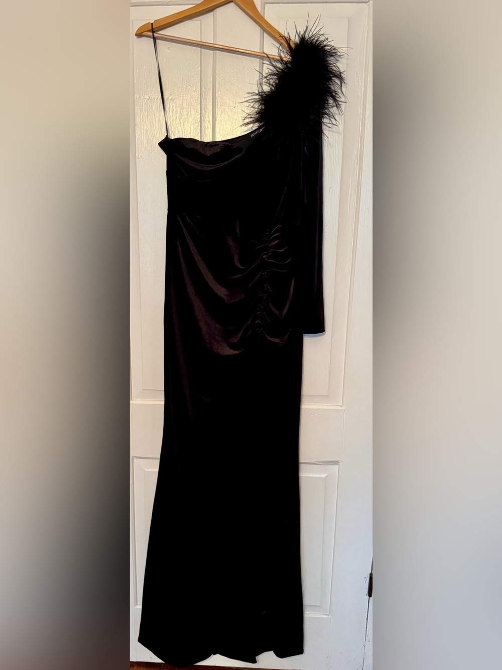 Fashion Nova Black One-Shoulder Velvet Gown with Feather Accent - Picture 5 of 9
